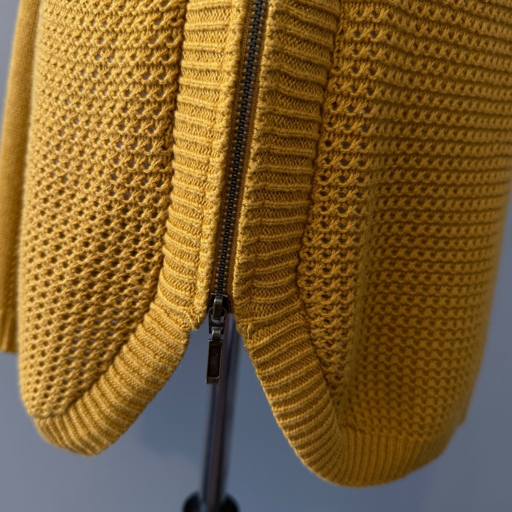 Mustard Yellow Textured Knit Crew Neck Long Sleeve Zipper Detail Sweater Top S - Picture 11 of 15